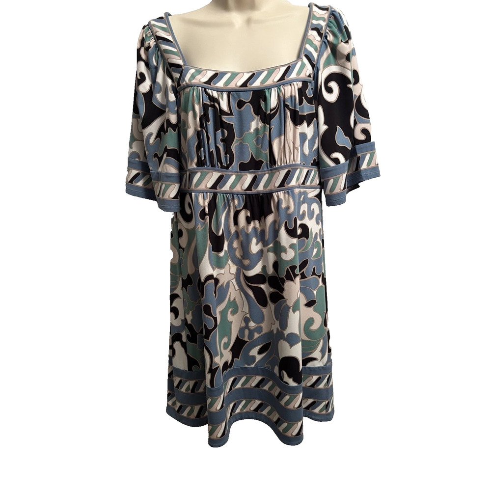 BCBGMAXAZRIA Blue Teal Damask A-Line Dress Women’s Small Raglan Sleeve